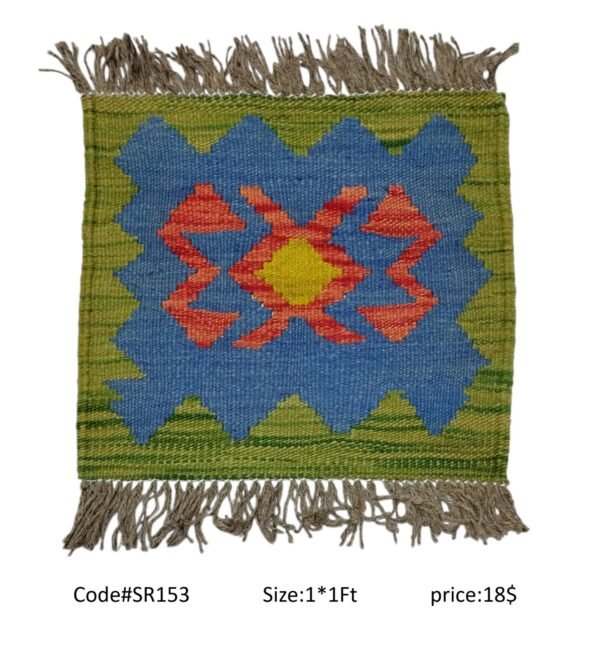 Olive, blue, orange, and gold 1 × 1 ft handwoven Afghan wool rug with diamond medallion