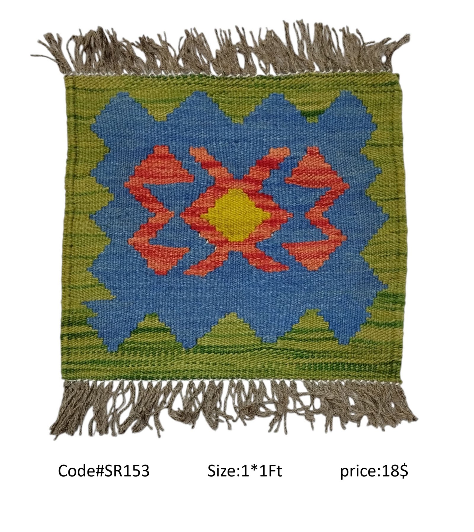 SR153 1.0 1.0 18$ Olive, blue, orange, and gold 1 × 1 ft handwoven Afghan wool rug with diamond medallion