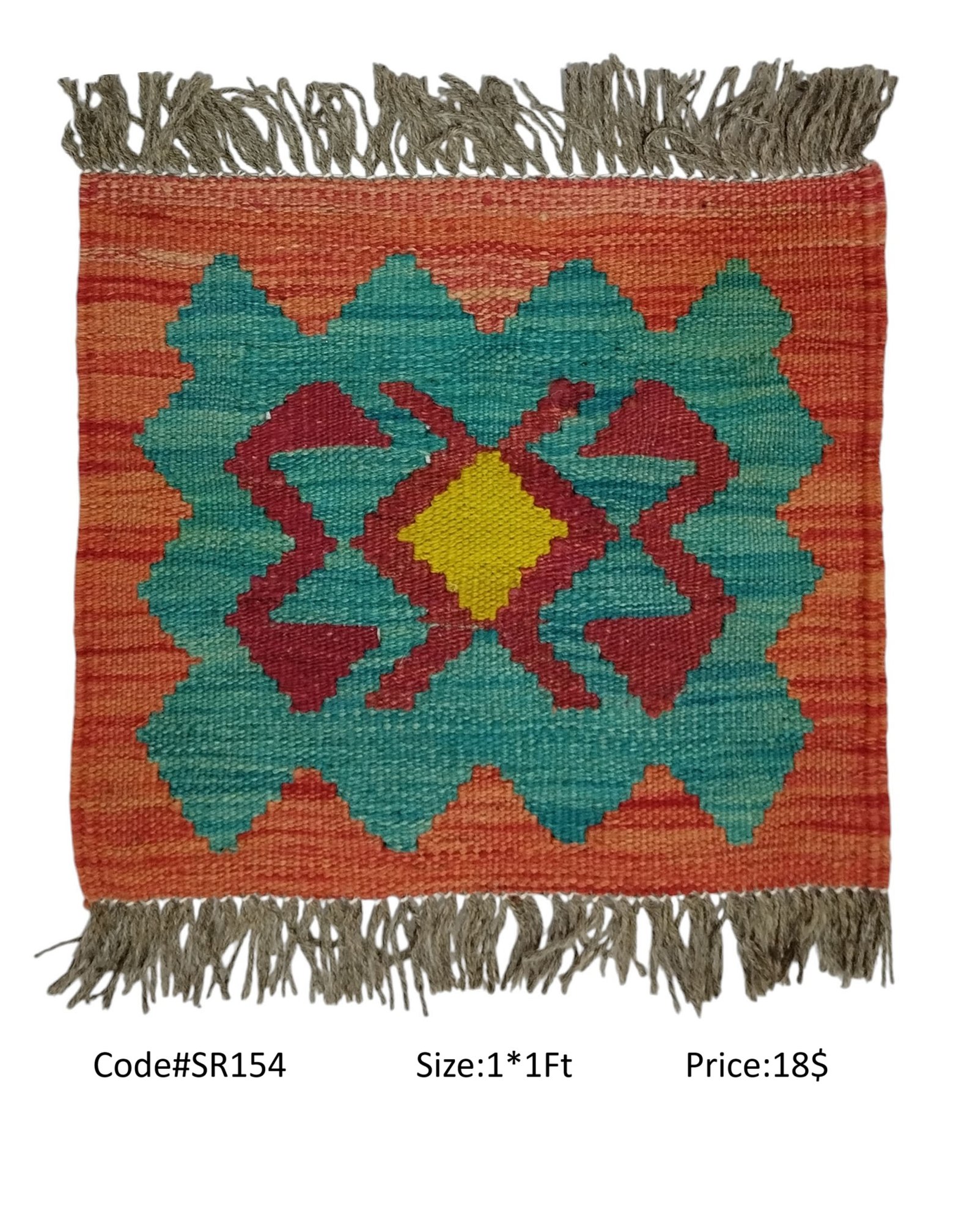 SR154 1.0 1.0 18$ Orange, teal, maroon, and gold 1 × 1 ft handwoven Afghan wool rug with diamond medallion