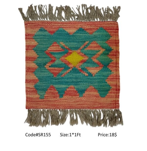 Peach, teal, orange, and gold 1 × 1 ft handwoven Afghan wool rug with diamond medallion