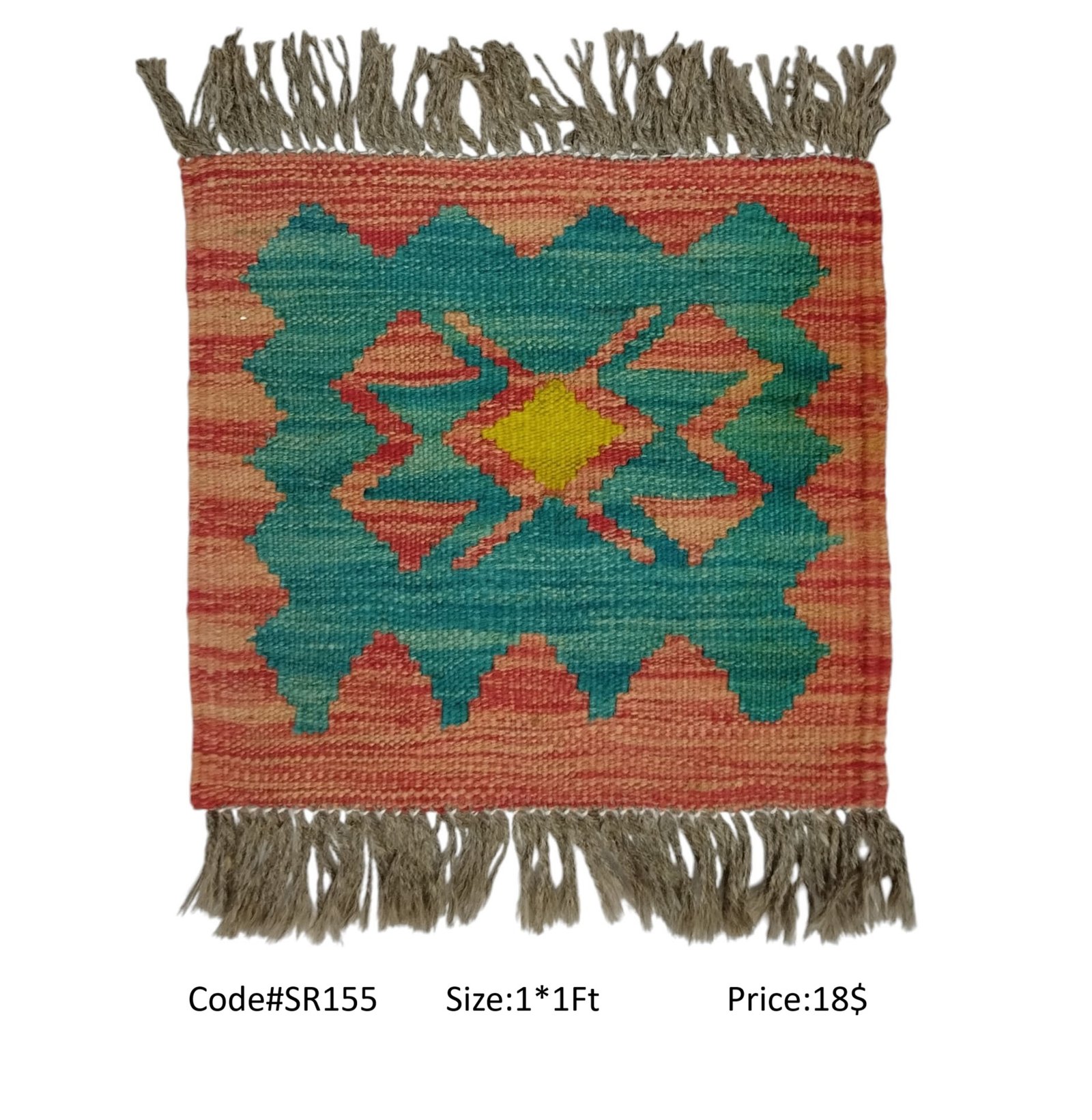 SR155 1.0 1.0 18$ Peach, teal, orange, and gold 1 × 1 ft handwoven Afghan wool rug with diamond medallion