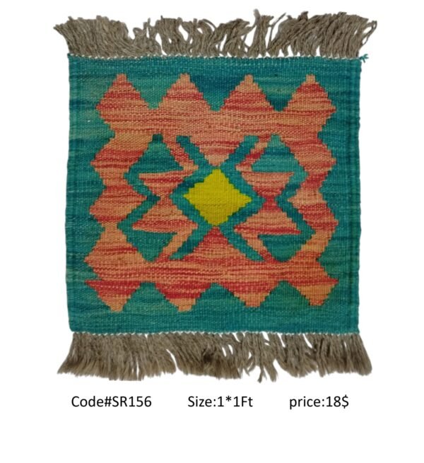 Teal, peach, orange, and gold 1 × 1 ft handwoven Afghan wool rug with diamond medallion