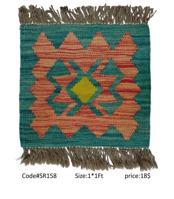 Teal, peach, red, and gold 1 × 1 ft handwoven Afghan wool rug with diamond medallion
