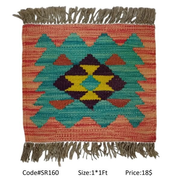 Peach, teal, yellow, and black 1 × 1 ft handwoven Afghan wool rug with diamond medallion