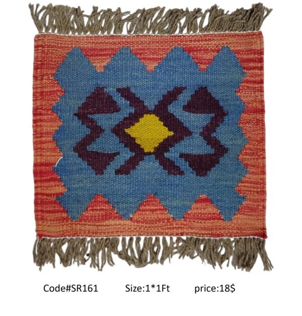 Orange, blue, purple, and gold 1 × 1 ft handwoven Afghan wool rug with diamond medallion