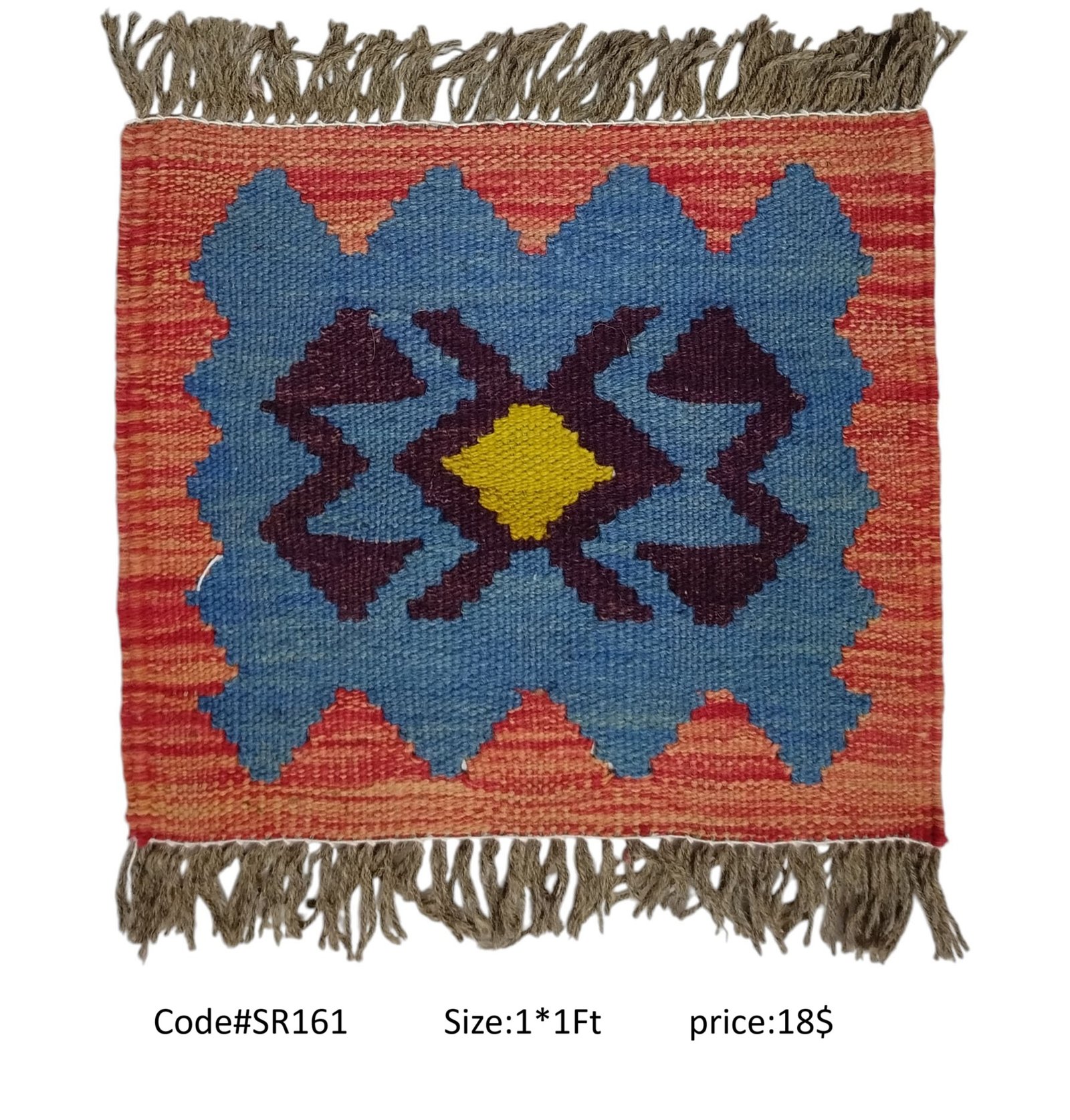 SR161 1.0 1.0 18$ Orange, blue, purple, and gold 1 × 1 ft handwoven Afghan wool rug with diamond medallion