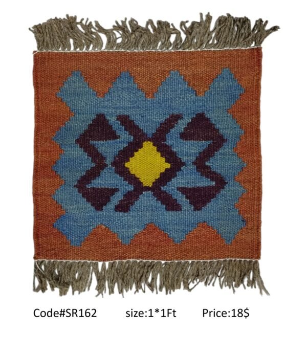 Rust, blue, purple, and gold 1 × 1 ft handwoven Afghan wool rug with diamond medallion