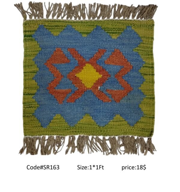 Olive, blue, rust, and gold 1 × 1 ft handwoven Afghan wool rug with diamond medallion