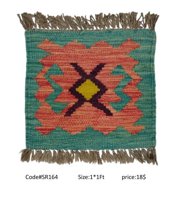 Teal, peach, purple, and gold 1 × 1 ft handwoven Afghan wool rug with diamond medallion