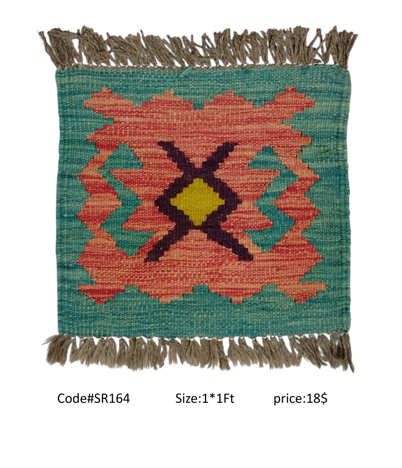 SR164 1.0 1.0 18$ Teal, peach, purple, and gold 1 × 1 ft handwoven Afghan wool rug with diamond medallion