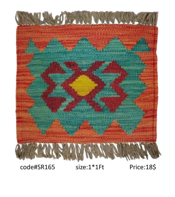 Orange, teal, maroon, and gold 1 × 1 ft handwoven Afghan wool rug with diamond medallion