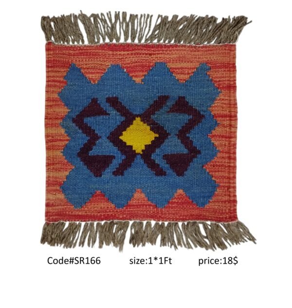 Red, blue, purple, and gold 1 × 1 ft handwoven Afghan wool rug with diamond medallion