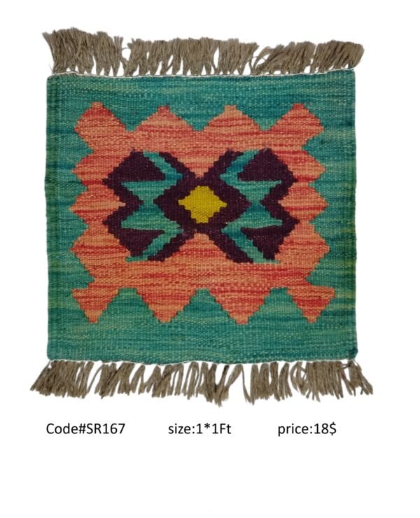 Teal, peach, purple, and gold 1 × 1 ft handwoven Afghan wool rug with diamond medallion