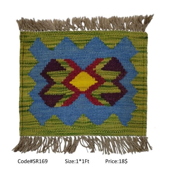 Olive, blue, purple, red, and gold 1 × 1 ft handwoven Afghan wool rug with diamond medallion