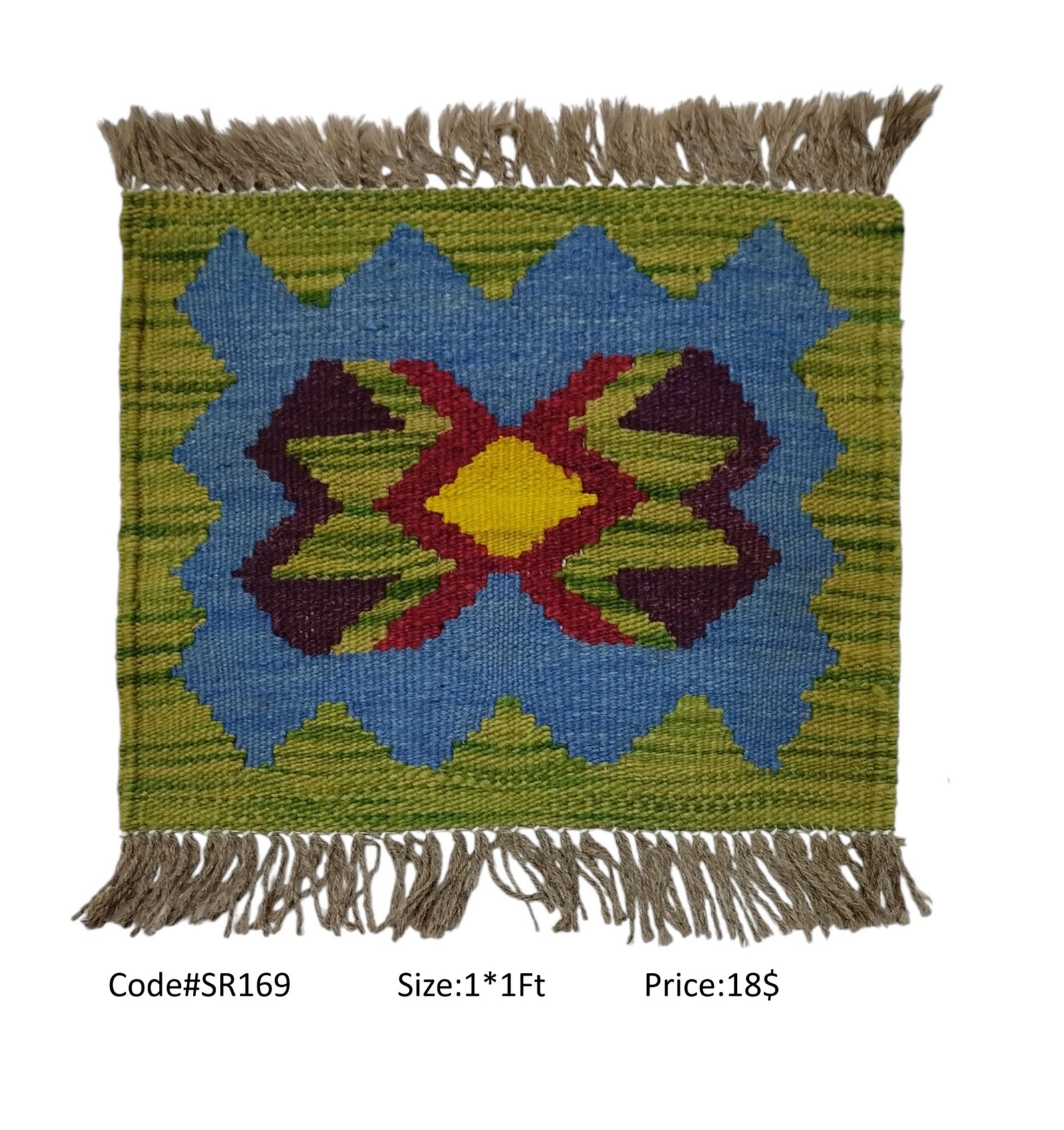 SR169 1.0 1.0 18$ Olive, blue, purple, red, and gold 1 × 1 ft handwoven Afghan wool rug with diamond medallion