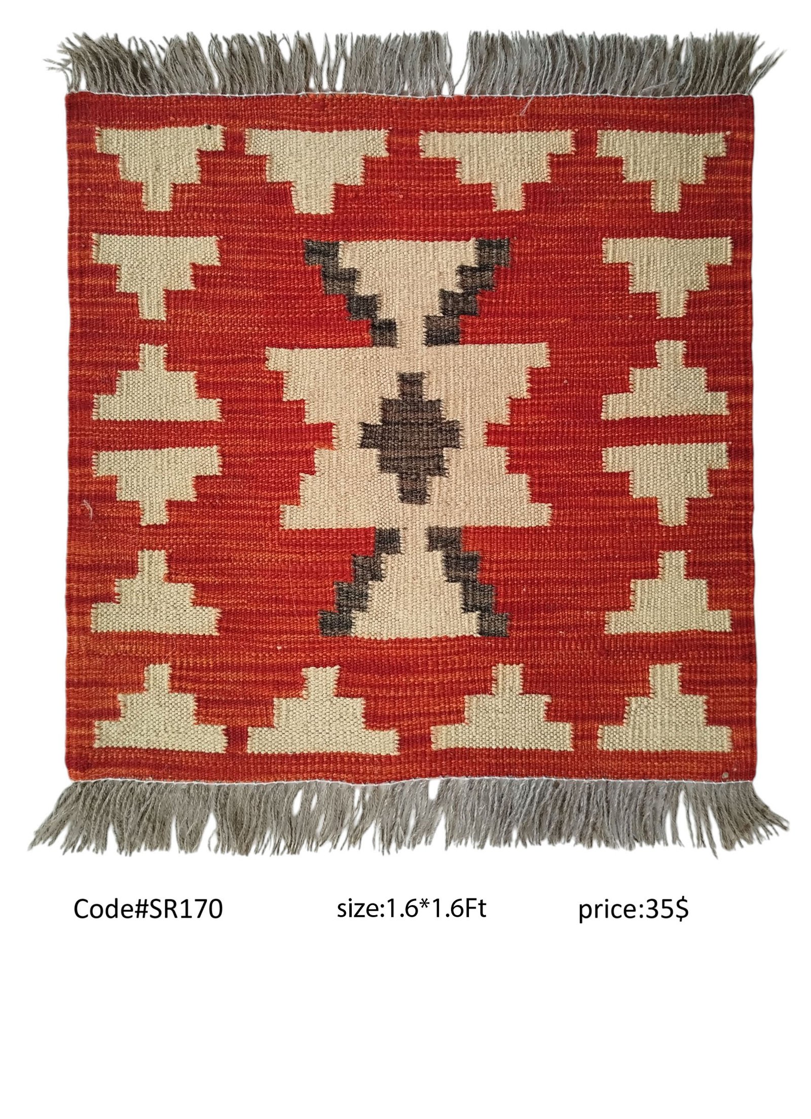 SR170 1.6 1.6 35$ Red, cream, and brown 1.6 × 1.6 ft handwoven Afghan wool rug with diamond medallion