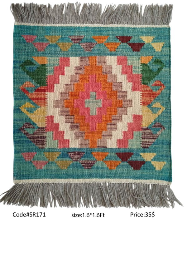 Teal, orange, pink, cream, and multi-color 1.6 × 1.6 ft handwoven Afghan wool rug with diamond medallion