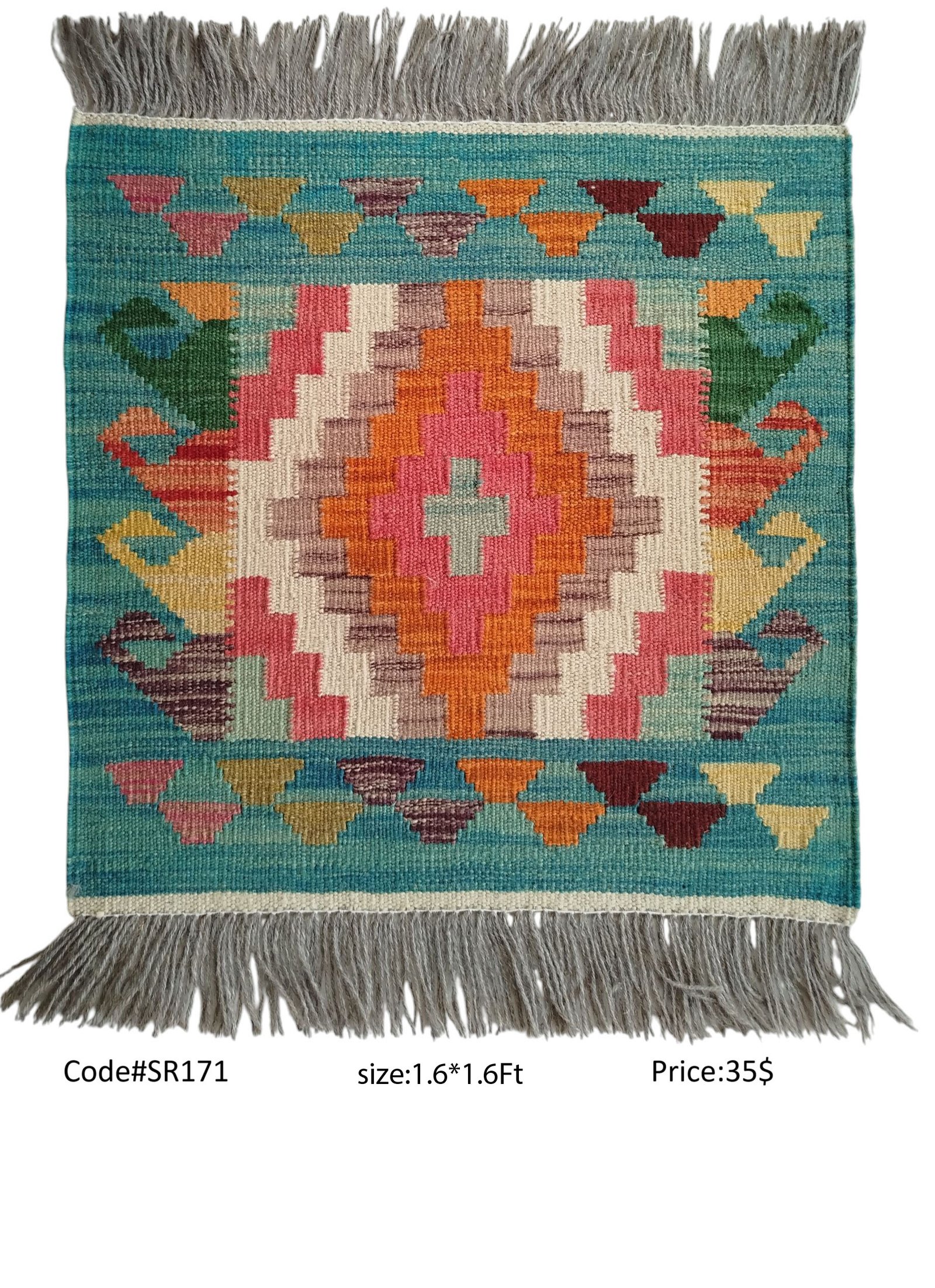 SR171 1.6 1.6 35$ Teal, orange, pink, cream, and multi-color 1.6 × 1.6 ft handwoven Afghan wool rug with diamond medallion
