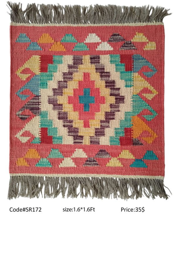 Pink, teal, cream, yellow, and multi-color 1.6 × 1.6 ft handwoven Afghan wool rug with diamond medallion