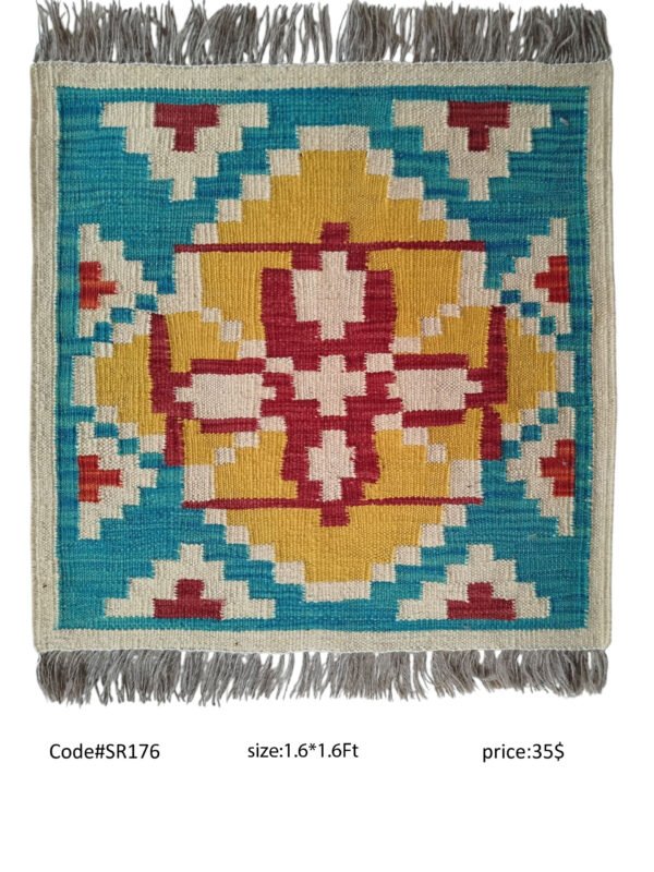 Teal, gold, red, and cream 1.6 × 1.6 ft handwoven Afghan wool rug with central medallion