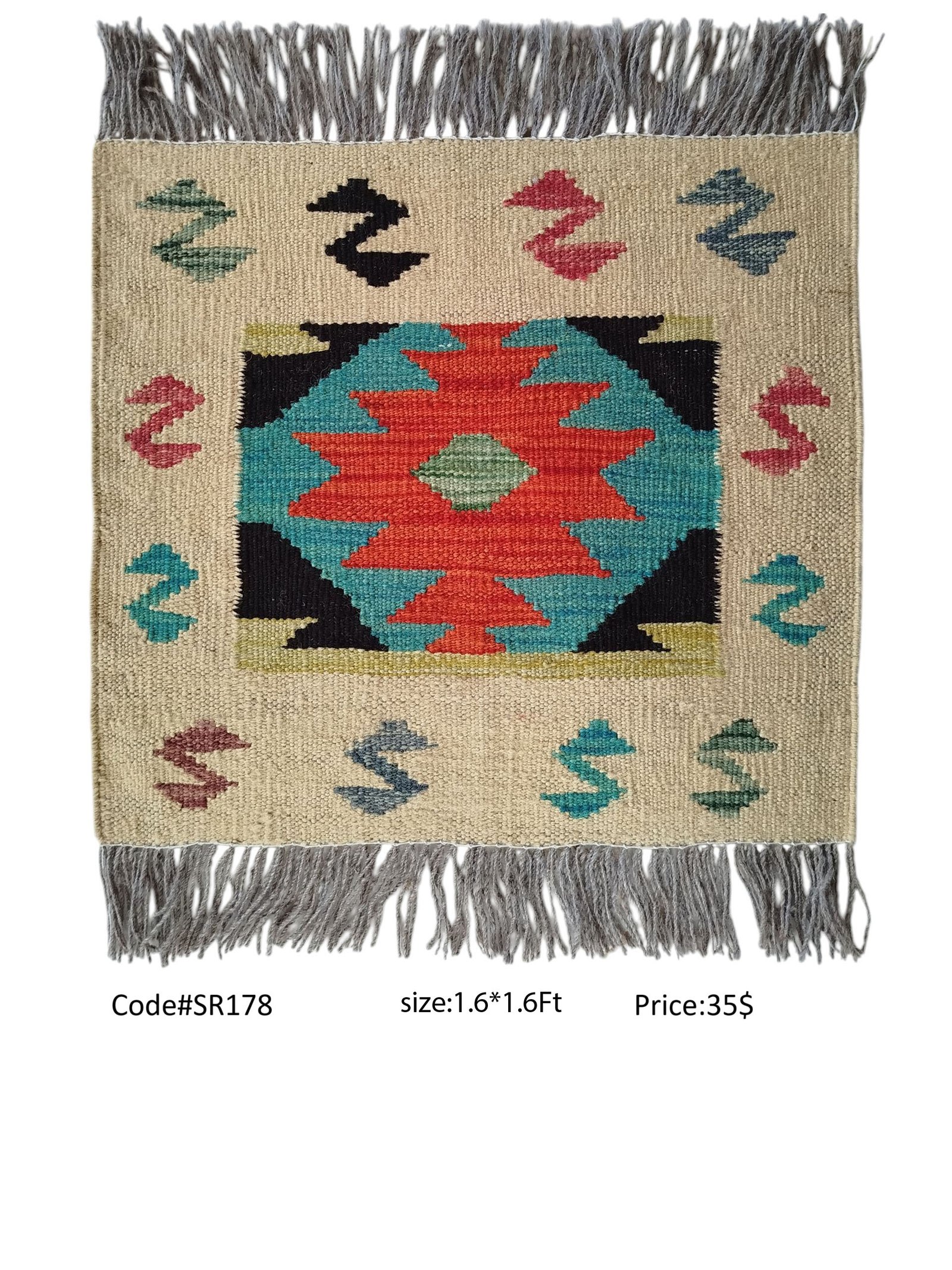 SR178 1.6 1.6 35$ Cream, red, teal, black, and green 1.6 × 1.6 ft handwoven Afghan wool rug with diamond medallion