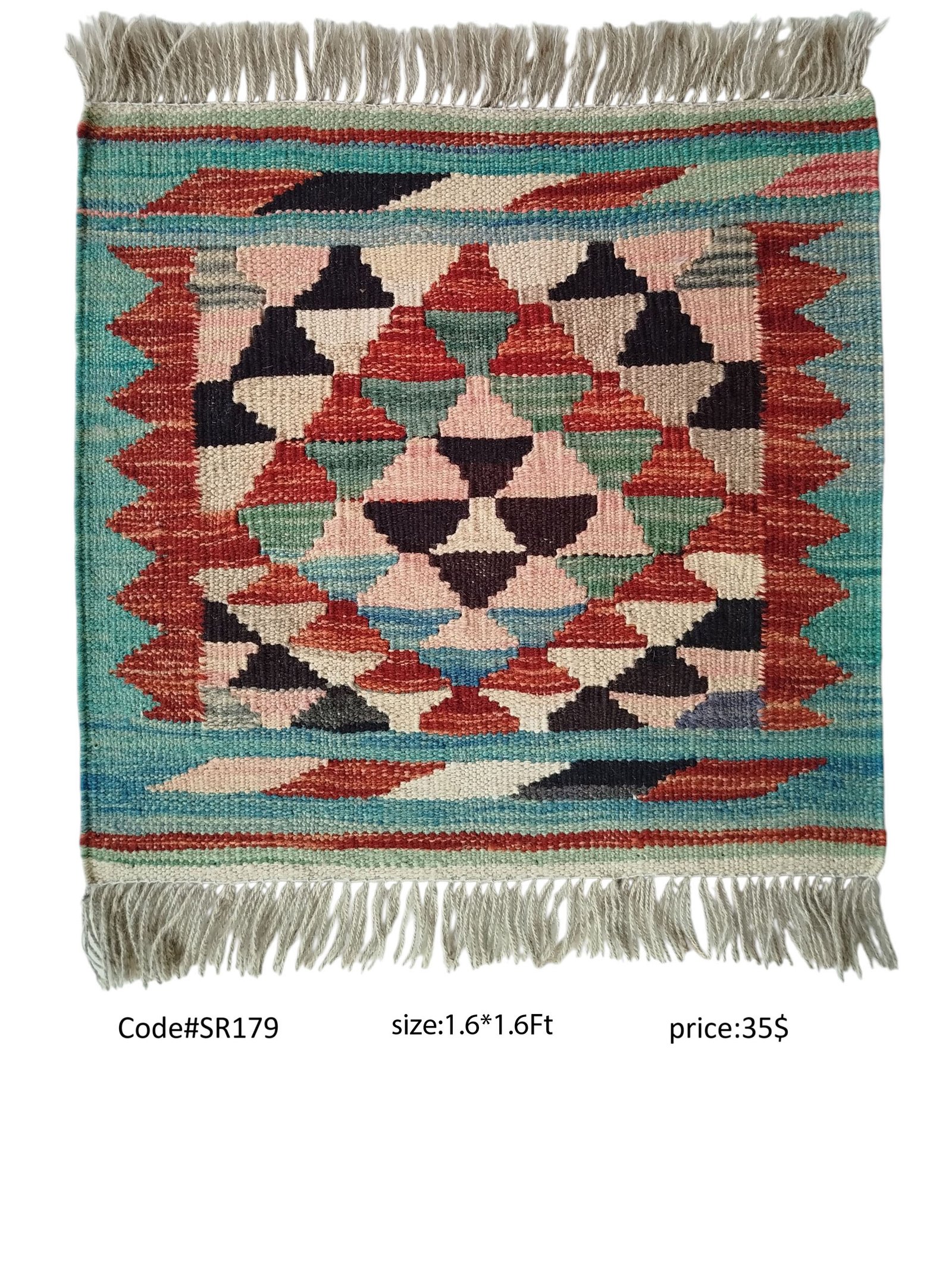 SR179 1.6 1.6 35$ Cream, teal, red, pink, and black 1.6 × 1.6 ft handwoven Afghan wool rug with diamond medallion