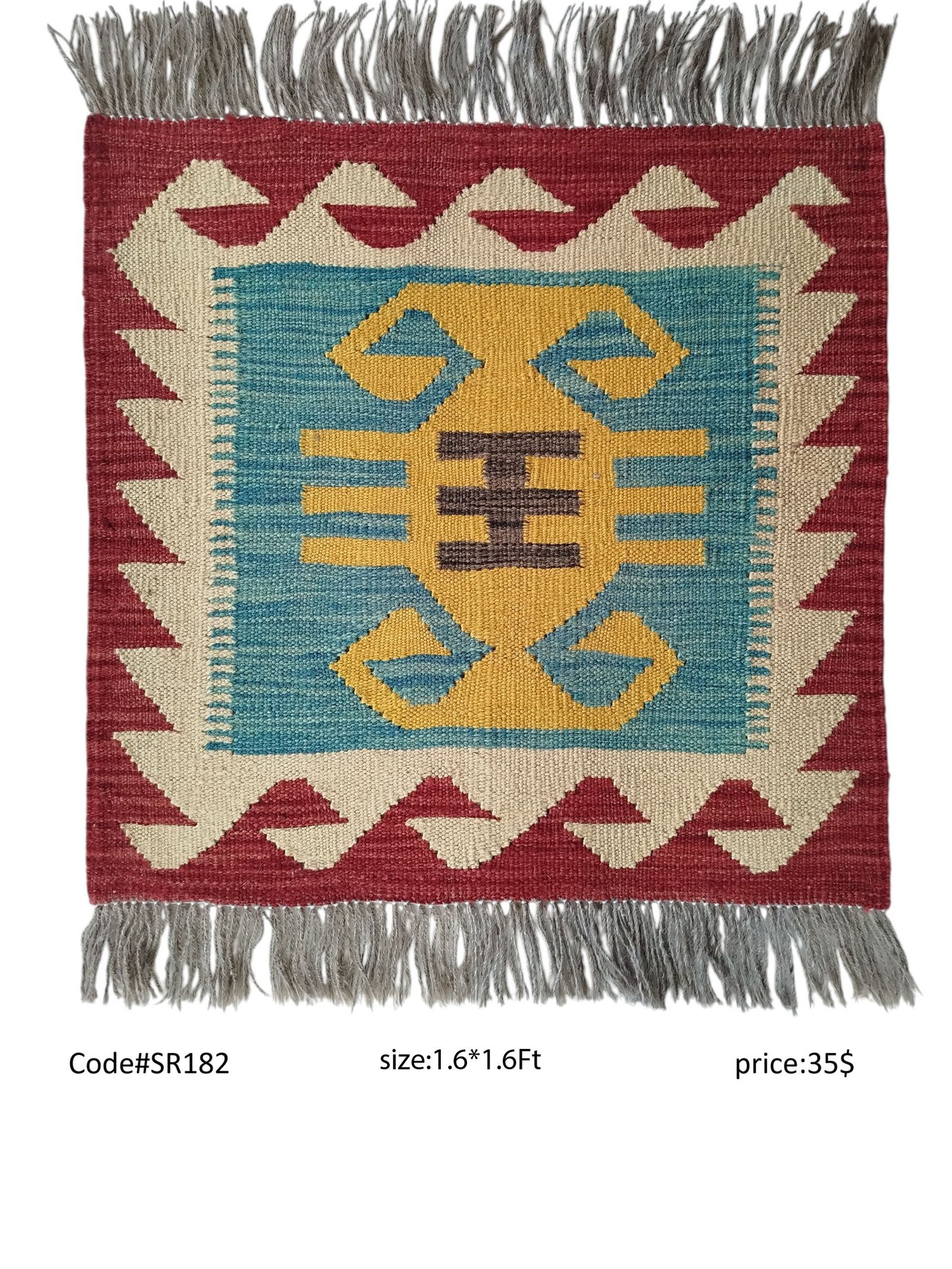 SR182 1.6 1.6 35$ Teal, gold, red, and cream 1.6 × 1.6 ft handwoven Afghan wool rug with central medallion