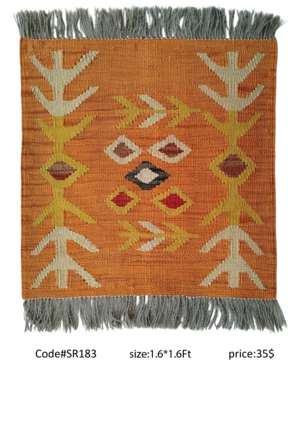Orange, gold, cream, red, and black 1.6 × 1.6 ft handwoven Afghan wool rug with diamond medallion