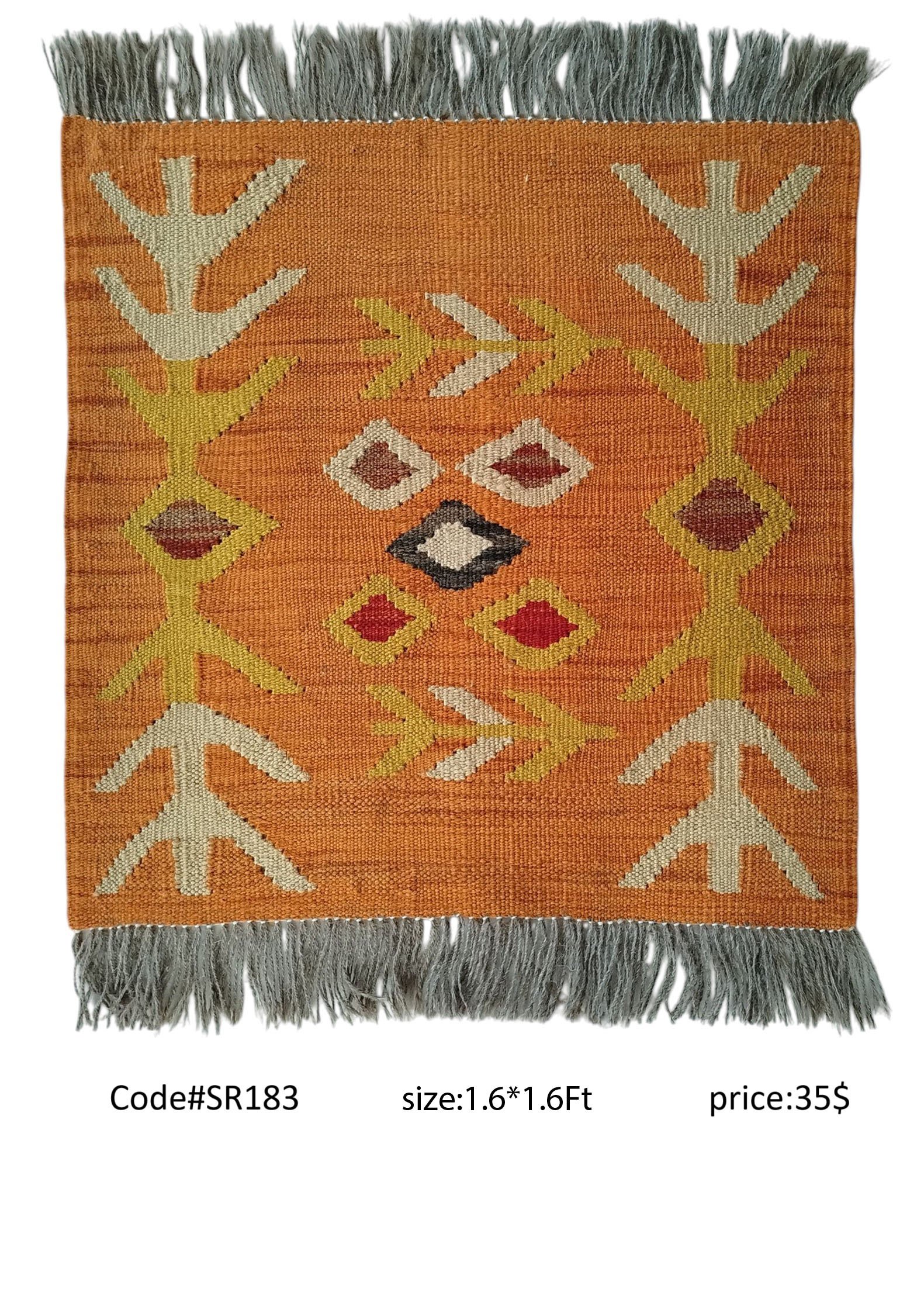 SR183 1.6 1.6 35$ Orange, gold, cream, red, and black 1.6 × 1.6 ft handwoven Afghan wool rug with diamond medallion
