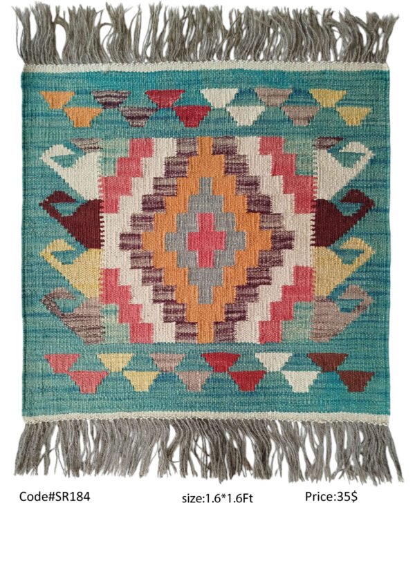 Shop this teal, orange, pink, cream & multi handwoven Afghan wool rug (1.6 × 1.6 Ft). One-of-a-kind piece from Northern Afghanistan. Available in the U.S.