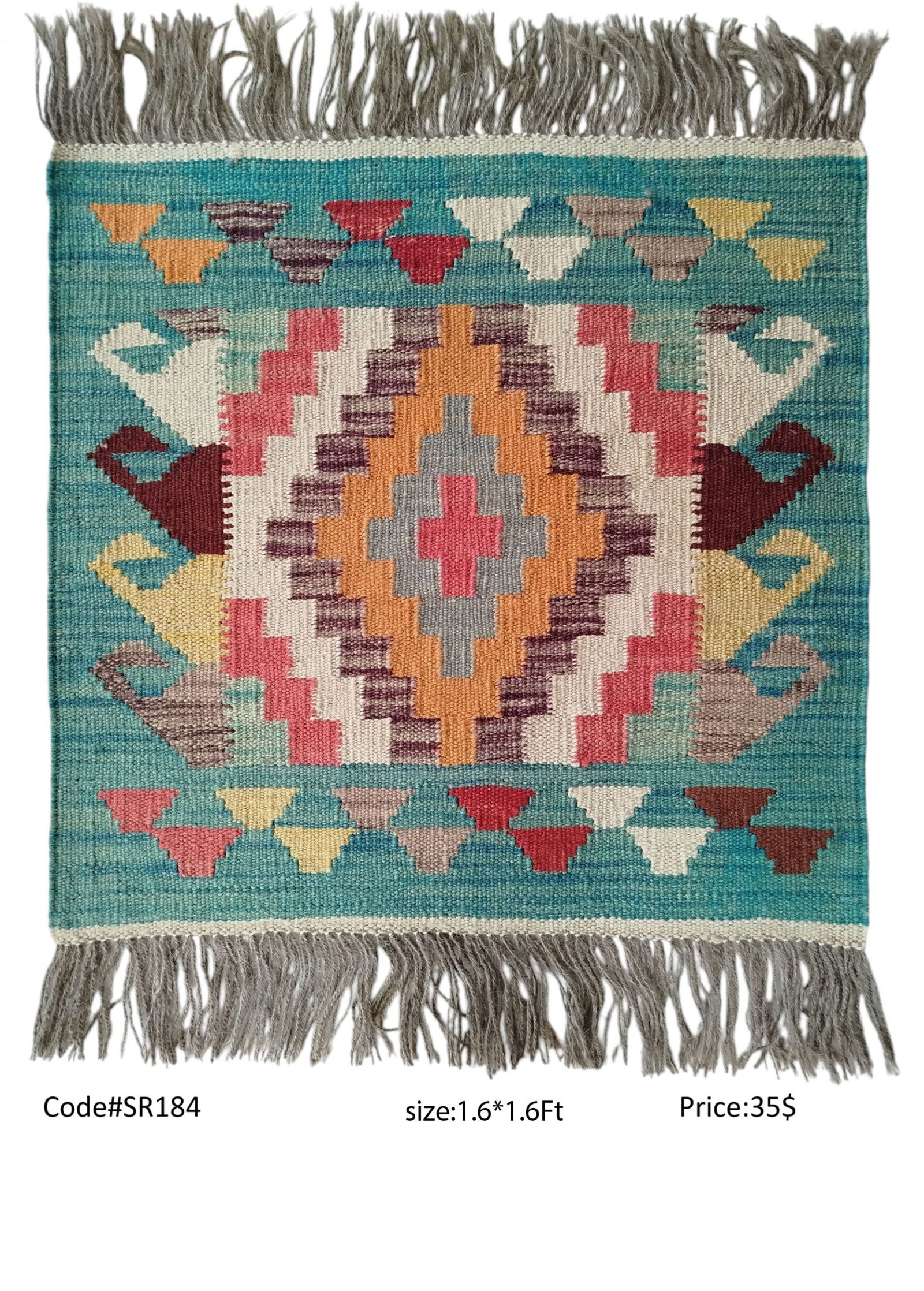 SR184 1.6 1.6 35$ Shop this teal, orange, pink, cream & multi handwoven Afghan wool rug (1.6 × 1.6 Ft). One-of-a-kind piece from Northern Afghanistan. Available in the U.S.