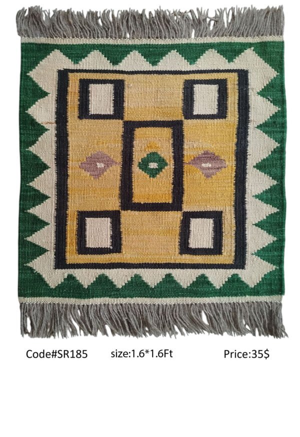 Green, cream, gold, black, and purple 1.6 × 1.6 ft handwoven Afghan wool rug with central panel