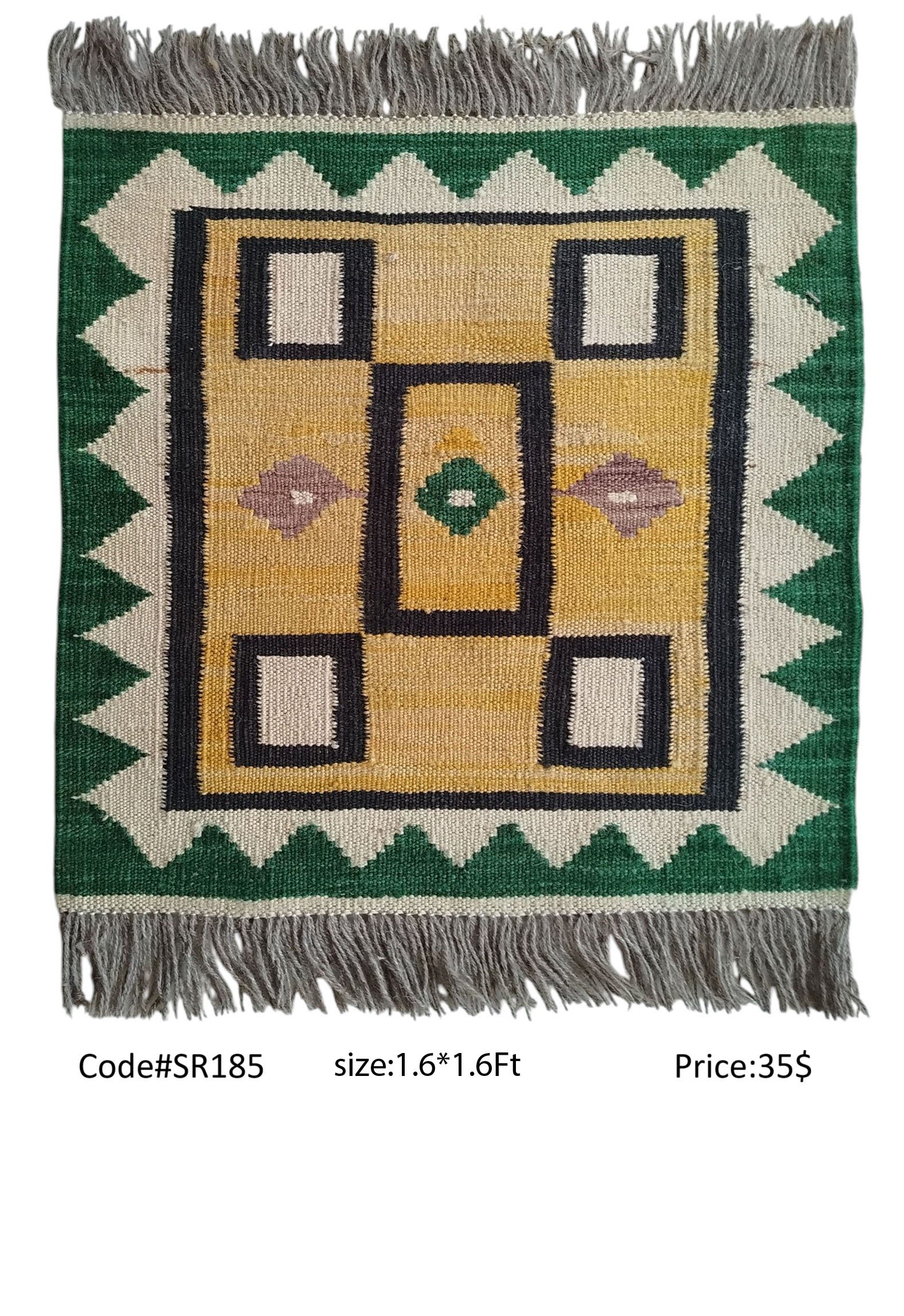 SR185 1.6 1.6 35$ Green, cream, gold, black, and purple 1.6 × 1.6 ft handwoven Afghan wool rug with central panel