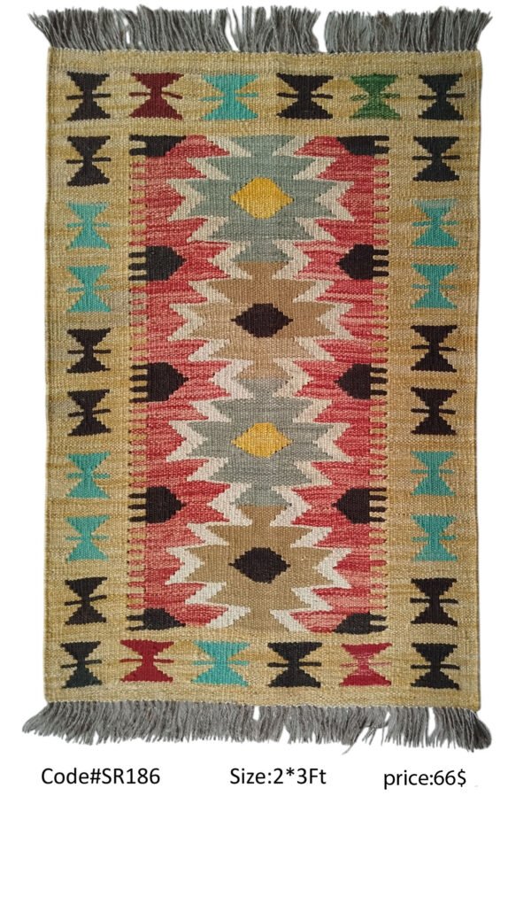 Tan, red, grey, yellow, and multi-color 2 × 3 ft handwoven Afghan wool rug with diamond medallions