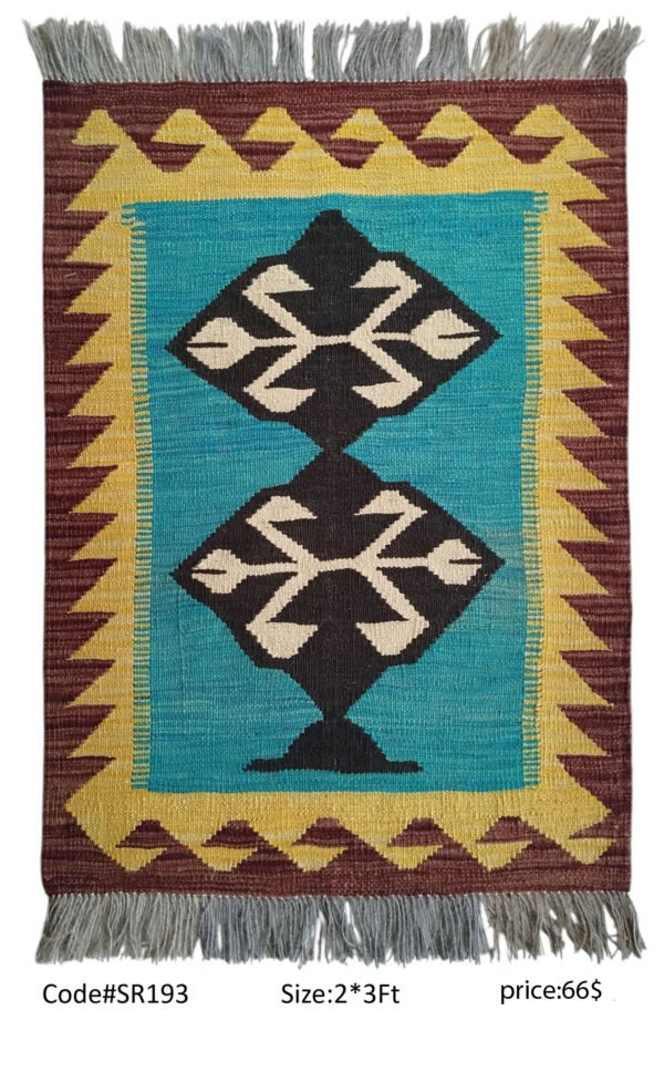 Teal, black, cream, gold, and maroon 2 × 3 ft handwoven Afghan wool rug with diamond medallions