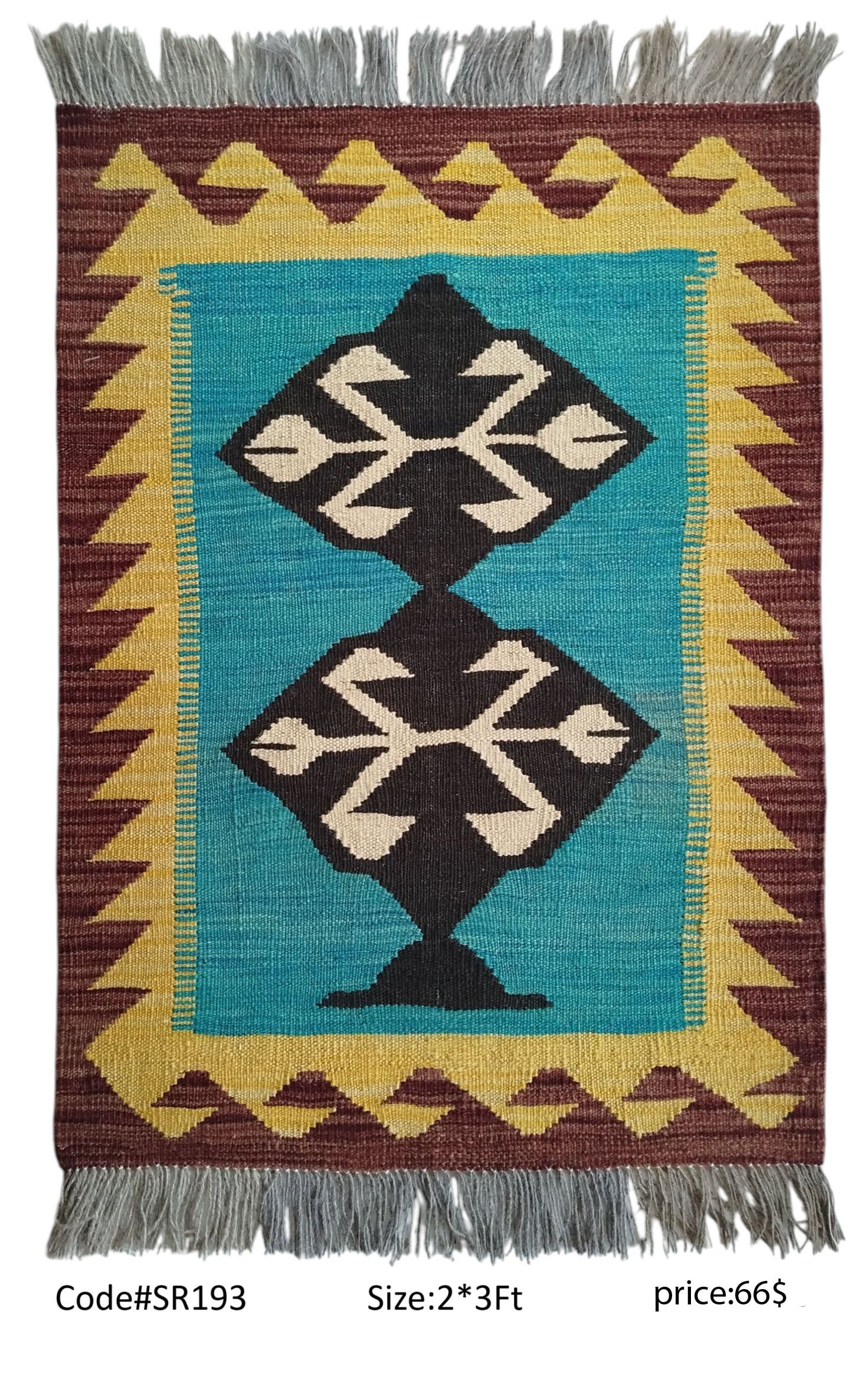 SR193 2.0 3.0 66$ Teal, black, cream, gold, and maroon 2 × 3 ft handwoven Afghan wool rug with diamond medallions