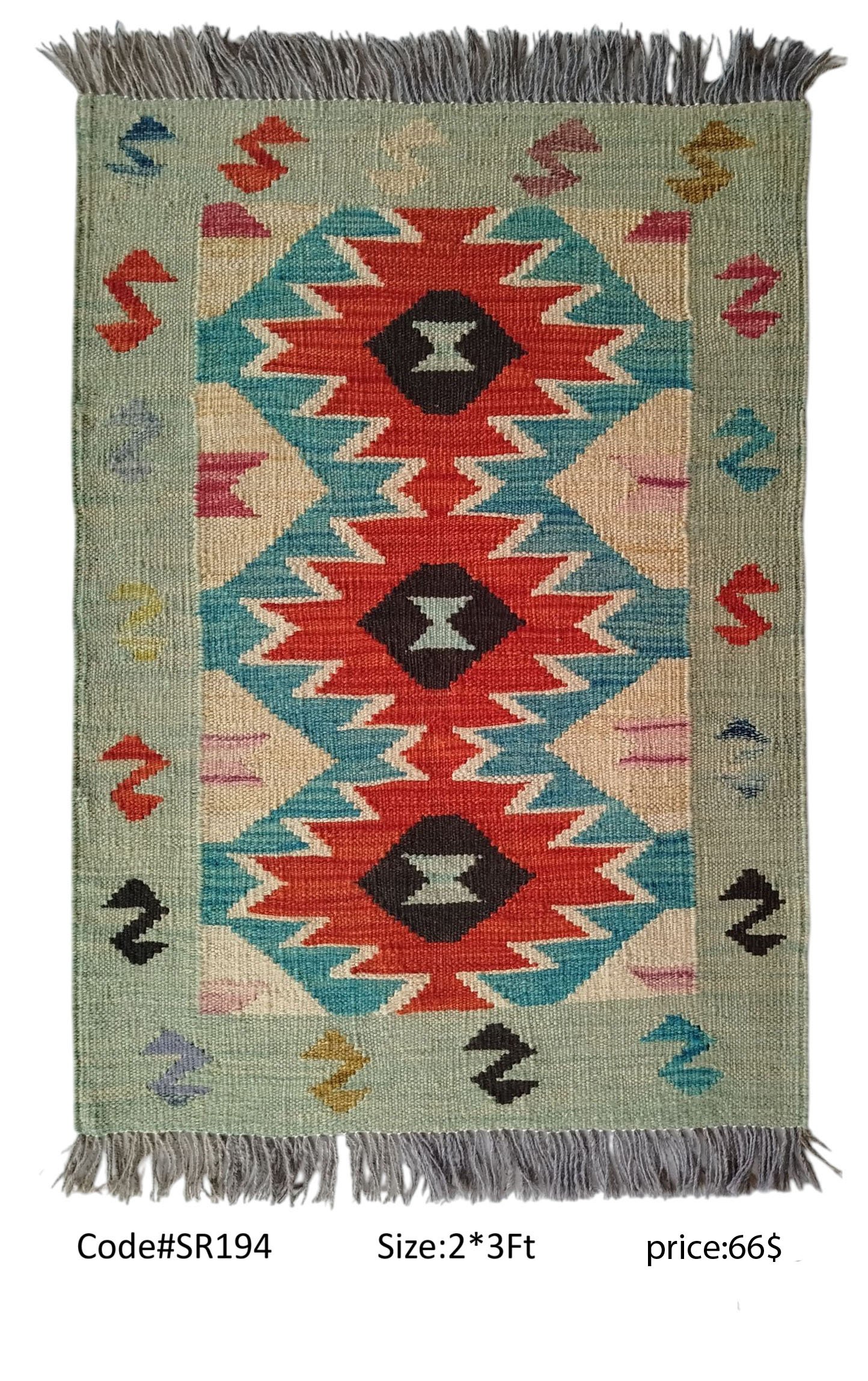 SR194 2.0 3.0 66$ Green, red, teal, cream, and multi-color 2 × 3 ft handwoven Afghan wool rug with diamond medallions