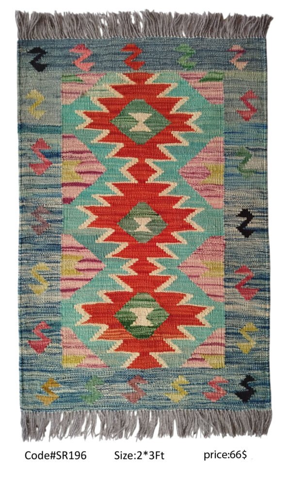 Blue, green, red, pink, and multi-color 2 × 3 ft handwoven Afghan wool rug with diamond medallions