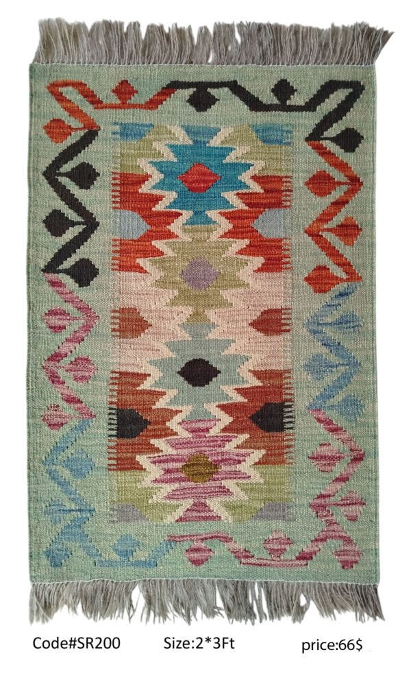 Green, red, teal, pink, and multi-color 2 × 3 ft handwoven Afghan wool rug with diamond medallions