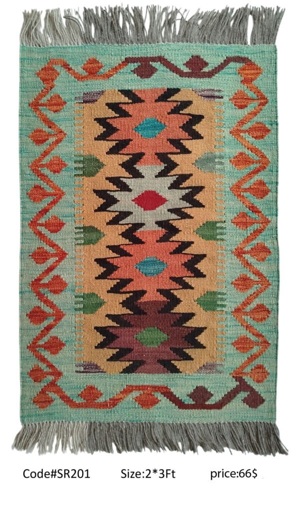 Green, peach, orange, black, and multi-color 2 × 3 ft handwoven Afghan wool rug with diamond medallions