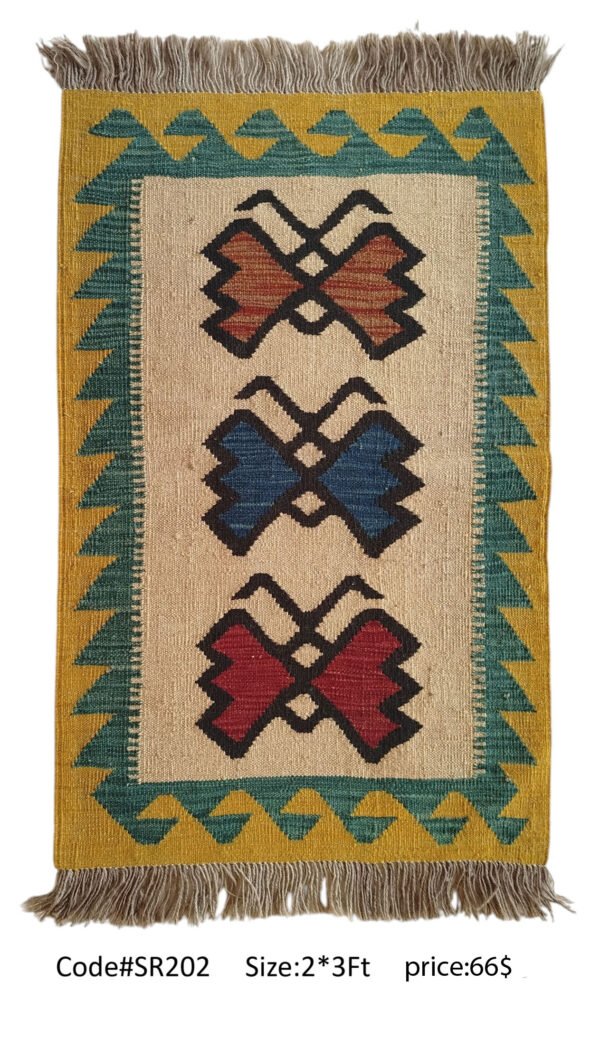 Cream, gold, green, red, blue, and black 2 × 3 ft handwoven Afghan wool rug with butterfly medallions