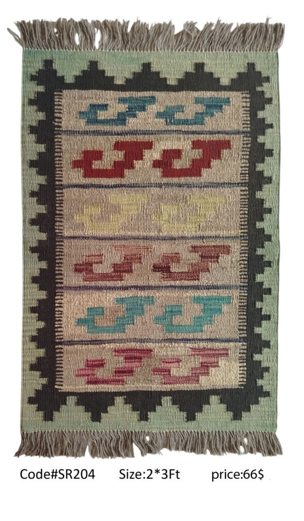 Green, cream, black, red, teal, and multi-color 2 × 3 ft handwoven Afghan wool rug with geometric pattern