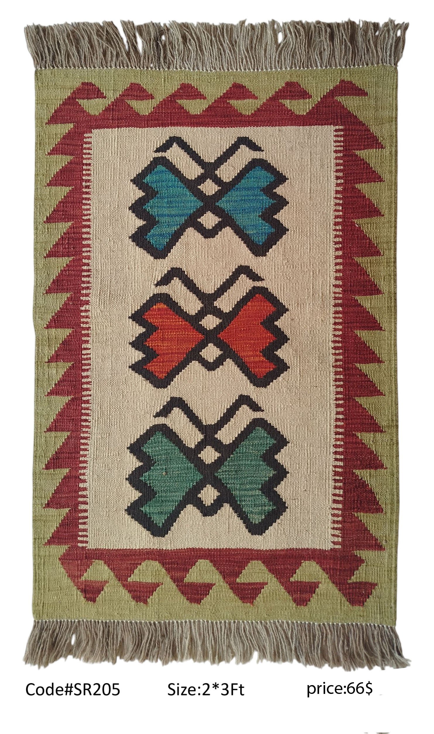 SR205 2.0 3.0 66$ Cream, olive, red, teal, green, and black 2 × 3 ft handwoven Afghan wool rug with butterfly medallions