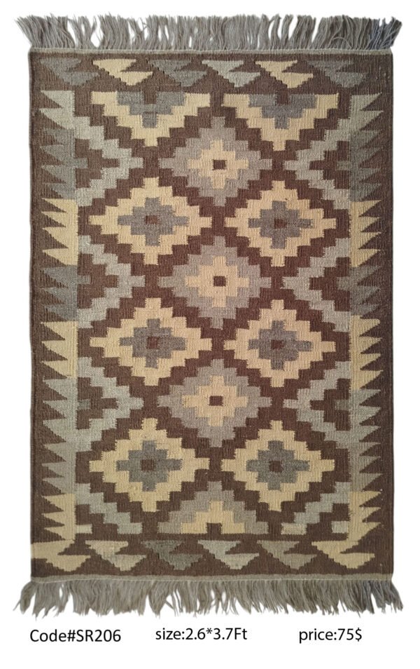 Brown, cream, grey, and tan 2.6 × 3.7 ft handwoven Afghan wool rug with diamond lattice pattern