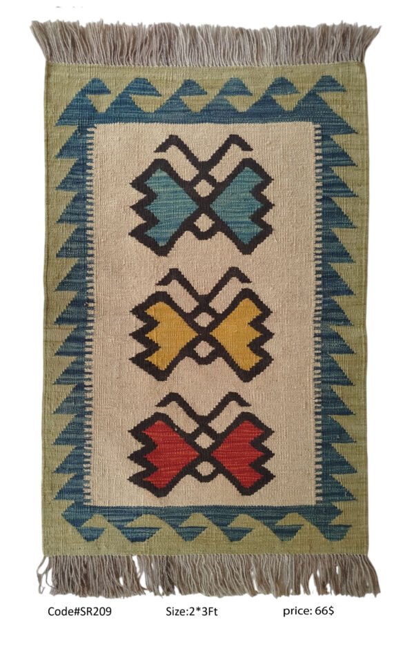 Cream, olive, teal, gold, red, and black 2 × 3 ft handwoven Afghan wool rug with butterfly medallions