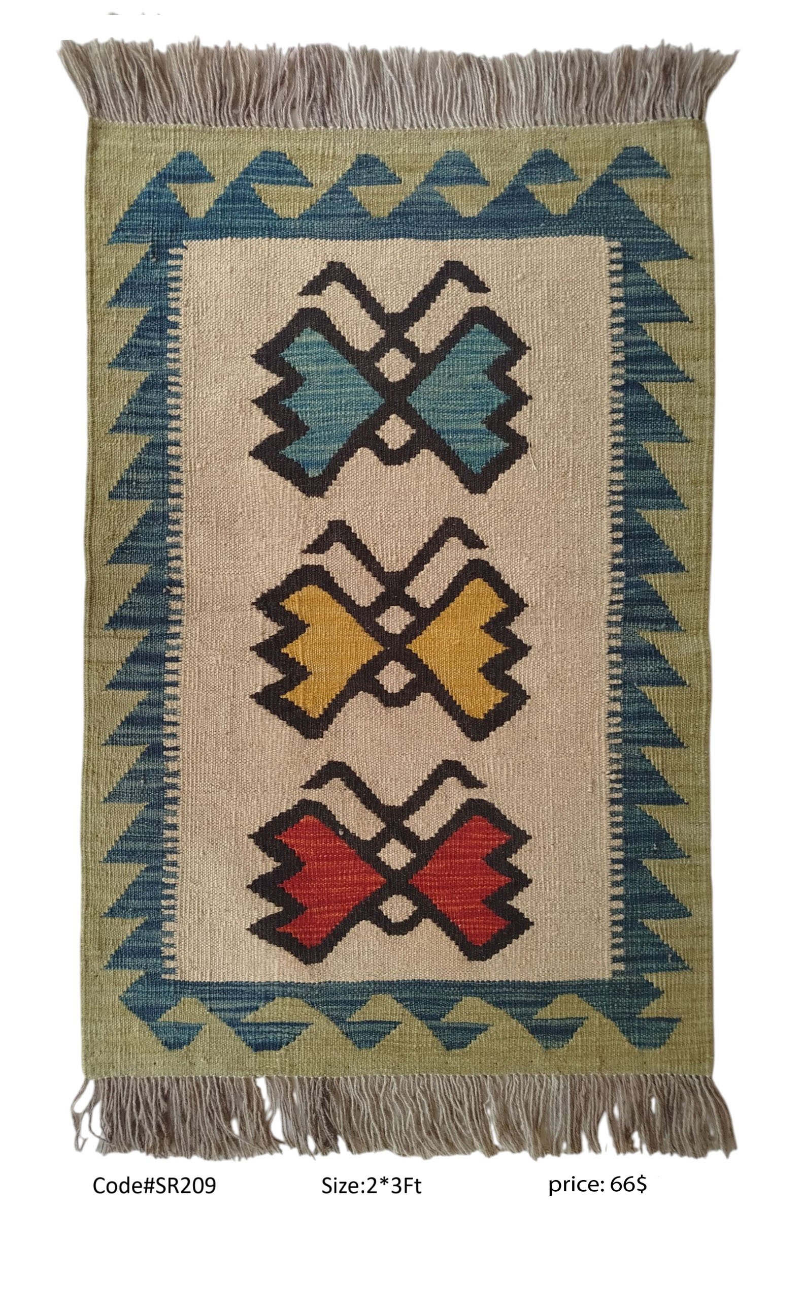 SR209 2.0 3.0 66$ Cream, olive, teal, gold, red, and black 2 × 3 ft handwoven Afghan wool rug with butterfly medallions