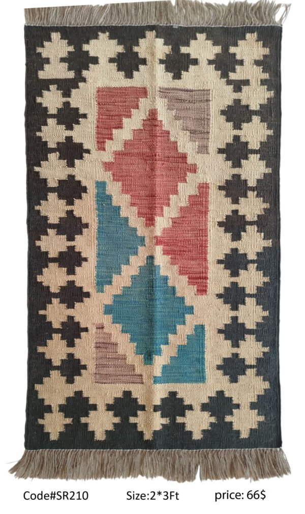Black, cream, red, and teal 2 × 3 ft handwoven Afghan wool rug with diamond medallions