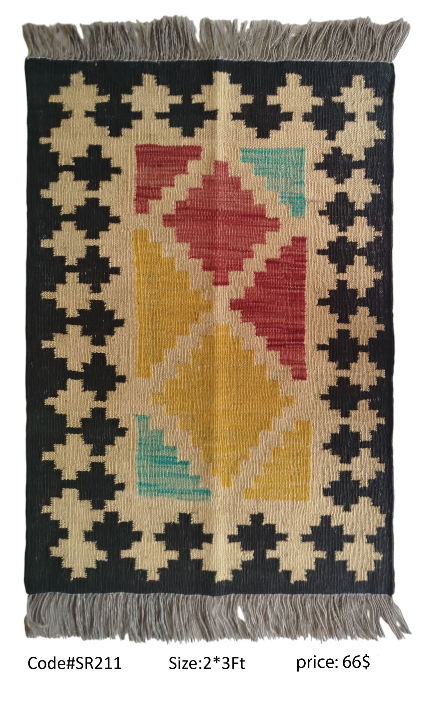 SR211 2.0 3.0 66$ Black, cream, red, gold, and teal 2 × 3 ft handwoven Afghan wool rug with central medallion