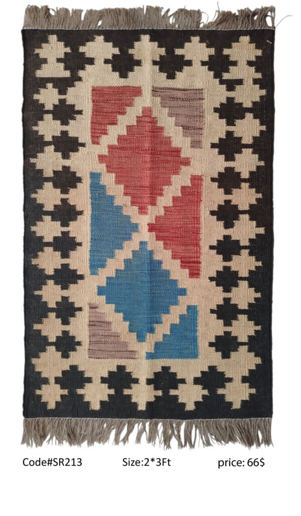 Black, cream, red, blue, and pink 2 × 3 ft handwoven Afghan wool rug with diamond medallions