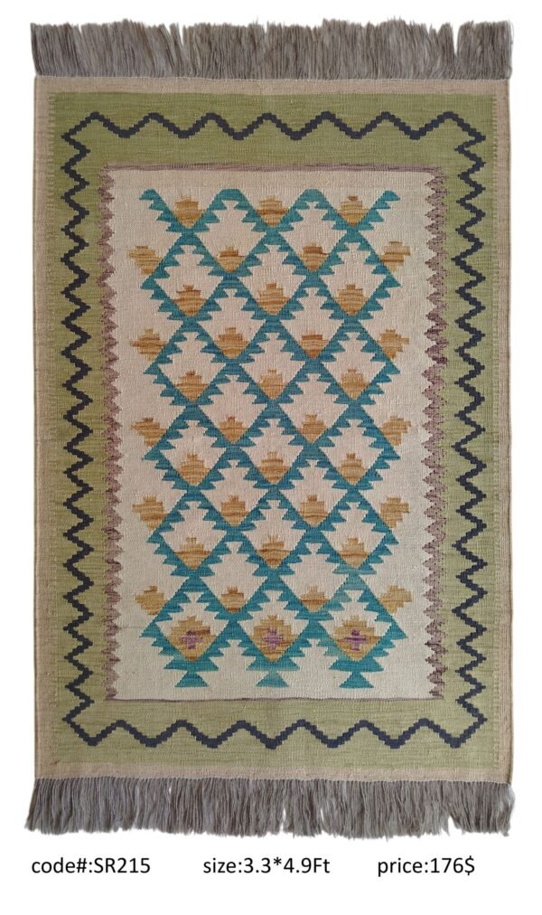 Cream, teal, gold, olive, and navy 3.3 × 4.9 ft handwoven Afghan wool rug with diamond lattice pattern